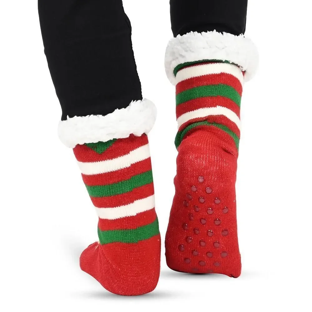 Snowman and Reindeer Pattern Sherpa Lined Slipper Socks Sz 5-10 Anti Slip Rubber